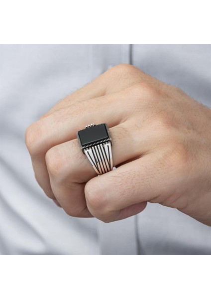 Kare Siyah Oniks Taşlı 925 Gümüş Erkek Yüzük indirimleri