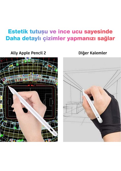 Ally Apple Pencil 2 Kapasitif Stylus iPad Tablet Dokunmatik Kalem (Aktif Versiyon)