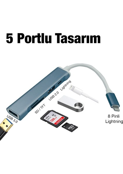 Ally S-503 5in1 Lightning To USB + Sd Kart Hub Adaptör Çevirici Dönüştürücü