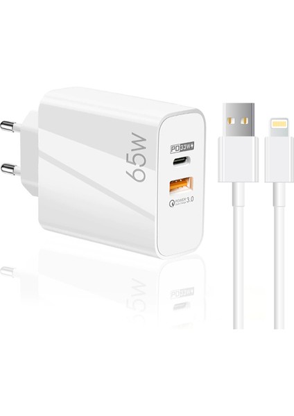65W Usba PD33W Quick Charger 3.0 Usba To Lightning 3m Kablolu Hızlı Şarj Aleti Set
