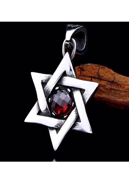 Titanyum Çelik Kırmızı  Zirkon Taşlı  Jewish Star  Davud Yıldızı Kolye