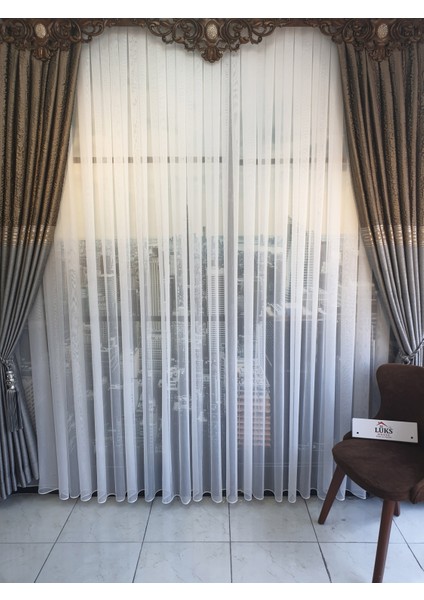 Lüks Keten Titi Tül Perde Kırık Beyaz Rengi Sık Pile 1e 3 Sıklığı .en 500 , Boy 270 modelleri