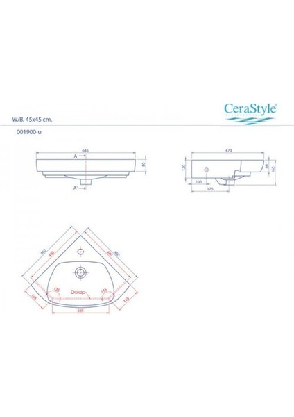 Cerastyle Arda Köşe Lavabo 46X46 cm fiyatları