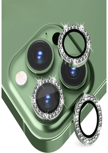 Apple iPhone 12 Pro Max Taşlı Tasarım Temperli Cam Kamera Lens Koruyucu - Yeşil