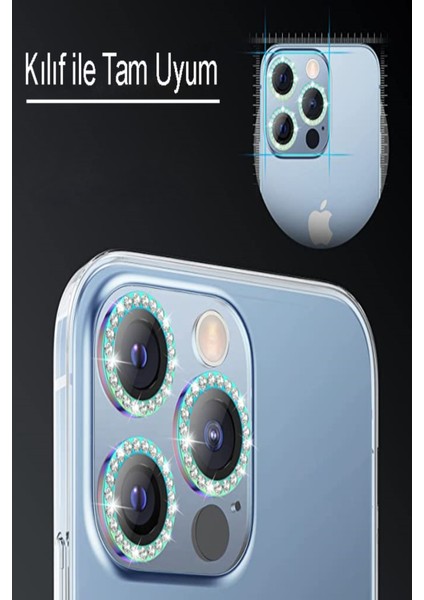 Apple iPhone 12 Pro Max Taşlı Tasarım Temperli Cam Kamera Lens Koruyucu - Yeşil modelleri