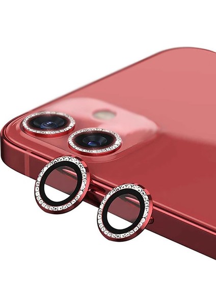 Apple iPhone 11 Taşlı Tasarım Temperli Cam Kamera Lens Koruyucu - Kırmızı