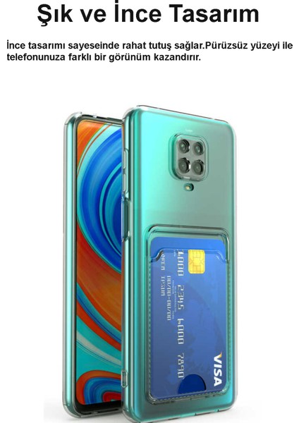 Caseart Xiaomi Redmi Note 9s Kapak Kamera Korumalı Kartlıklı Şeffaf Silikon Kılıf