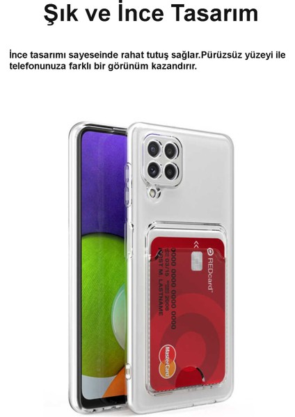 Caseart Samsung Galaxy M12 Kapak Kamera Korumalı Kartlıklı Şeffaf Silikon Kılıf