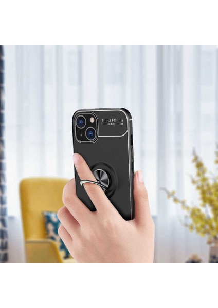 iPhone 14 Max Kılıf Autofocus Shockprof Ravel Yüzüklü Standlı Slikon Kapak Siyah - Mavi