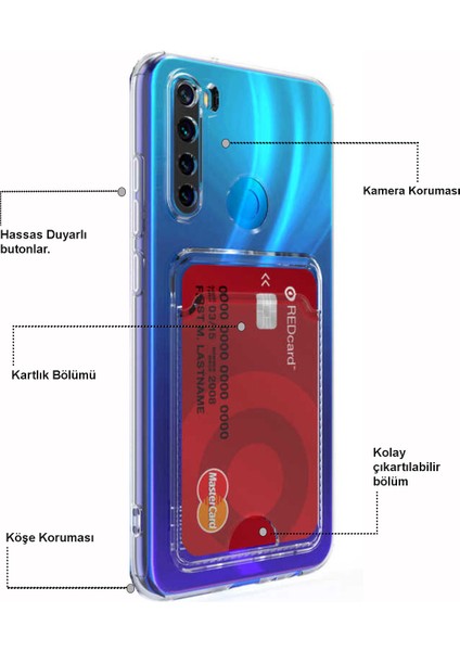 Xiaomi Redmi Note 8 Kapak Kamera Korumalı Kartlıklı Şeffaf Silikon Kılıf