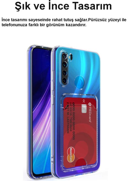 Xiaomi Redmi Note 8 Kapak Kamera Korumalı Kartlıklı Şeffaf Silikon Kılıf