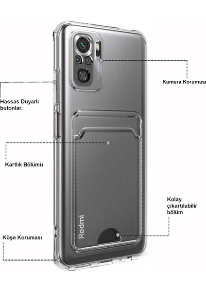 Caseworld Xiaomi Redmi Note 10 Kapak Kamera Korumalı Kartlıklı Şeffaf Silikon Kılıf