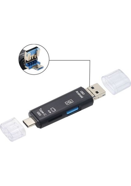 5068 Otg 3in1 Type-C ve Micro USB Tf Çevirici Dönüştürücü Kart Okuyucu