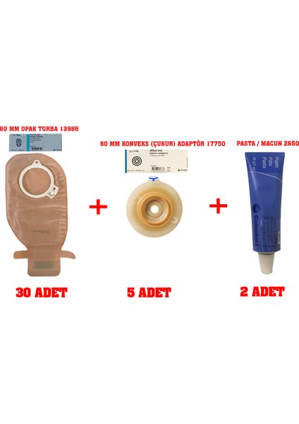 Ostomi Torbası Opak-60 Mm-30 Adet Ostomi Konveks Adaptör Opak -5 Adet Pasta 60GR-2 Adet 13986(30)+17750(5)+2650(2)