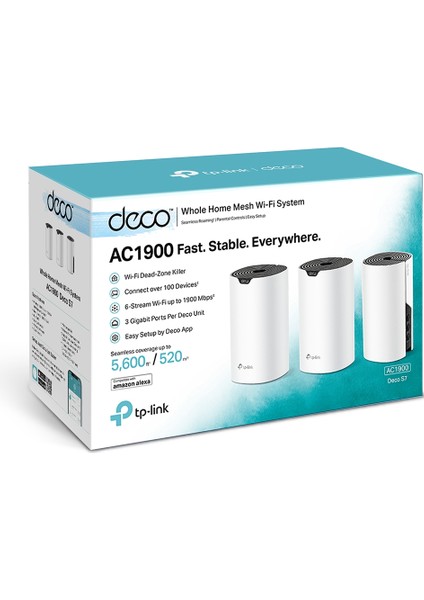 TP-Link Deco S7(3-pack), AC1900 Mbps, Dual-Band, Gigabit Portları,  520 m²'ye kadar Kapsama Alanı, 100'den Fazla Cihaz Bağlantısı, Mobil Uygulama ile Kolay Kurulum, Wi-Fi 5 Mesh Sistemi