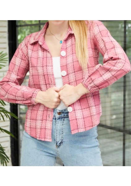 Pembe Düğmeli Ekose Gömlek
