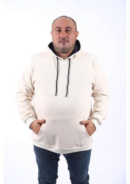 Büyük Beden Erkek Basic Sweat Kapüşonlu 11700-BEJ Melanj