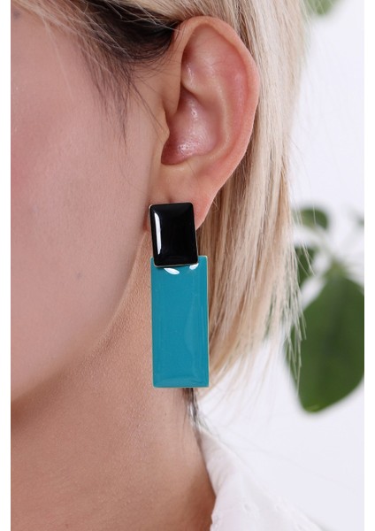 925 Ayar Gümüş Uzun Kare Küpe Turkuaz