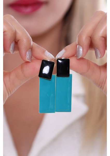 925 Ayar Gümüş Uzun Kare Küpe Turkuaz modelleri