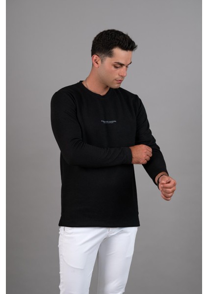 Slimfit Armürlü Likralı Sıfır Yaka Uzun Kol Erkek Sweatshirt