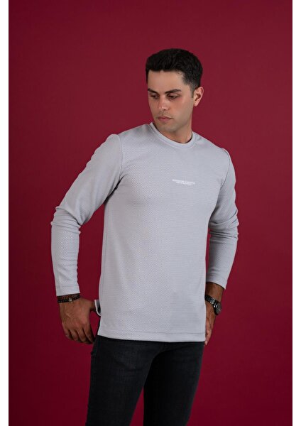 Slimfit Armürlü Likralı Sıfır Yaka Uzun Kol Erkek Sweatshirt