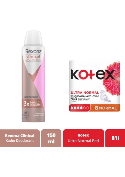 Antiperspirant Kadın Sprey Deodorant Clinical Protection 150 Ml + Kotex Ped Ultra Normal 8'Li