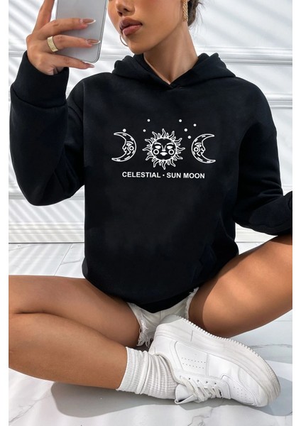 Unisex Celestial Sun Moon Baskılı Sweatshirt