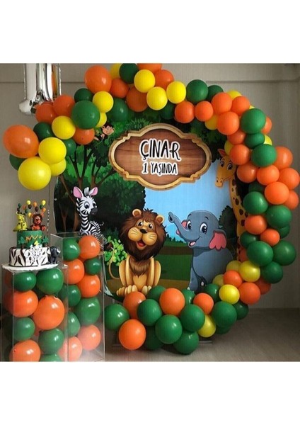 Safari Konsepti Balon Zinciri Koyu Yeşil Turuncu Sarı 100 Adet