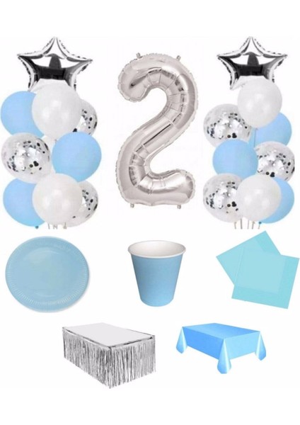 Mavi Gümüş 2 Yaş Lüks Hazır Doğum Günü Seti