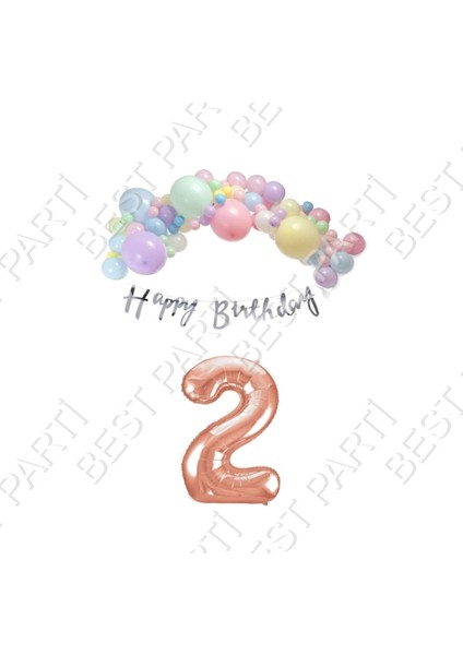 Rönesans Parti Happy Bırthday Gümüş Yazılı Kaligrafi Banner Makaron Balon Seti 2 Yaş Rose Gold Set Doğum Günü