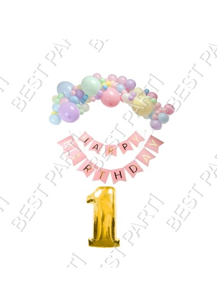Happy Bırthday Yazılı Banner Makaron Balon Seti 1 Yaş Gold Set Doğum Günü