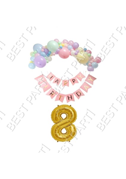 Happy Bırthday Yazılı Banner Makaron Balon Seti 8 Yaş Gold Set Doğum Günü