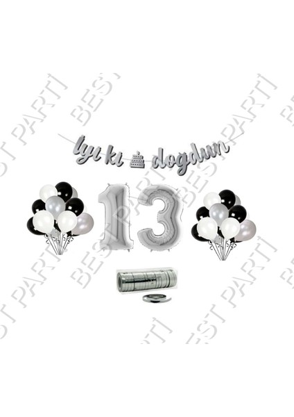 Rafya Ipli 13 Yaş Gümüş Folyo Balon Iyiki Doğdun Yazılı Banner Balon Set Doğum Günü