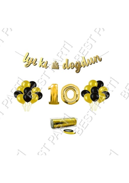 Rafya Ipli 10 Yaş Gold Folyo Balon Iyiki Doğdun Yazılı Banner Balon Set Doğum Günü