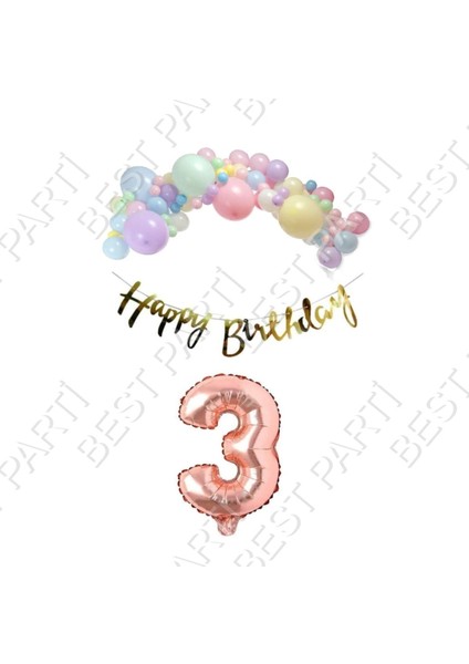 Rönesans Parti Happy Bırthday Gold Yazılı Kaligrafi Banner Makaron Balon Seti 3 Yaş Rose Gold Set Doğum Günü