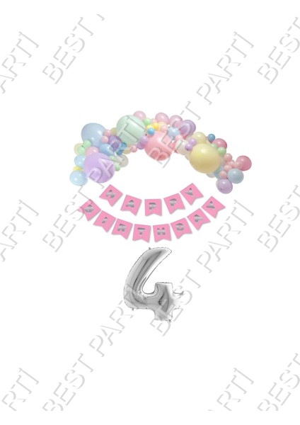 Happy Bırthday Yazılı Banner Makaron Balon Seti 4 Yaş Gümüş Set Doğum Günü