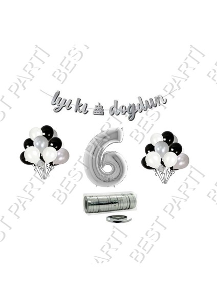 Rafya Ipli 6 Yaş Gümüş Folyo Balon Iyiki Doğdun Yazılı Banner Balon Set Doğum Günü