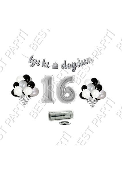 Rafya Ipli 16 Yaş Gümüş Folyo Balon Iyiki Doğdun Yazılı Banner Balon Set Doğum Günü