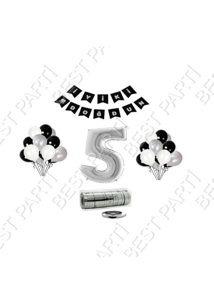 Rafya Ipli 5 Yaş Gümüş Folyo Balon Set Doğum Günü