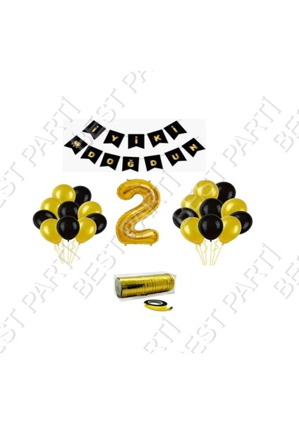 Rafya Ipli 2 Yaş Gold Folyo Balon Set Doğum Günü
