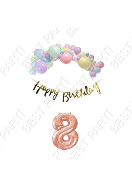 Rönesans Parti Happy Bırthday Gold Yazılı Kaligrafi Banner Makaron Balon Seti 8 Yaş Rose Gold Set Doğum Günü