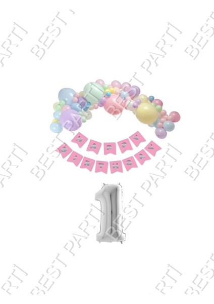 Happy Bırthday Yazılı Banner Makaron Balon Seti 1 Yaş Gümüş Set Doğum Günü