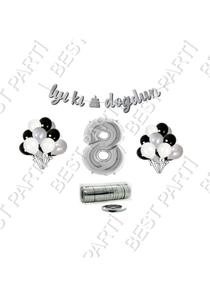 Rafya Ipli 8 Yaş Gümüş Folyo Balon Iyiki Doğdun Yazılı Banner Balon Set Doğum Günü