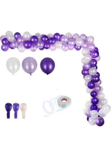 50 Adet 12 Inç Metalik Parti Balonu Metalik Mor Metalik Lila Beyaz + 5 mt Balon Zinciri
