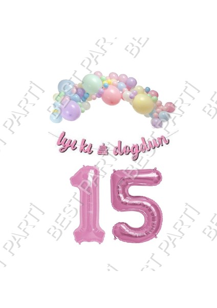 Iyiki Doğdun Yazılı Kaligrafi Banner Makaron Balon Seti 15 Yaş Pembe Set Doğum Günü