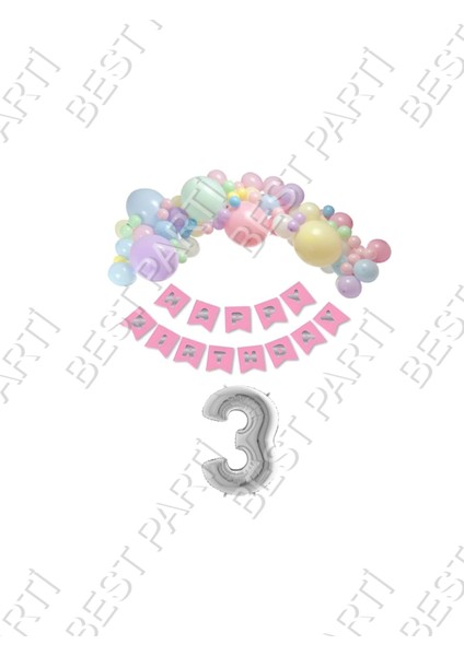 Happy Bırthday Yazılı Banner Makaron Balon Seti 3 Yaş Gümüş Set Doğum Günü