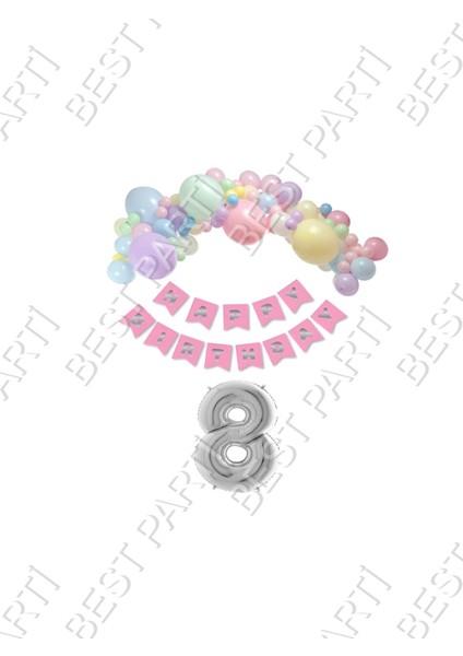 Happy Bırthday Yazılı Banner Makaron Balon Seti 8 Yaş Gümüş Set Doğum Günü