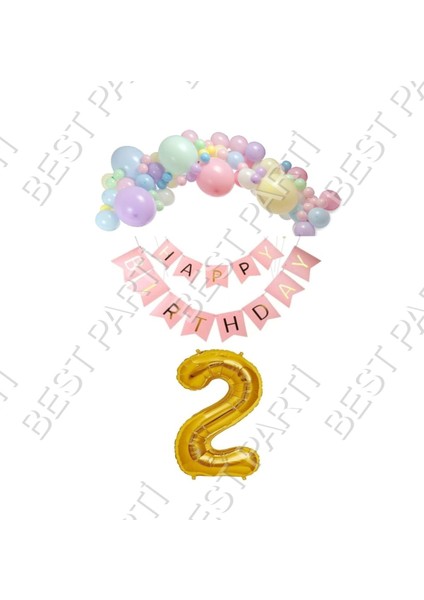 Happy Bırthday Yazılı Banner Makaron Balon Seti 2 Yaş Gold Set Doğum Günü