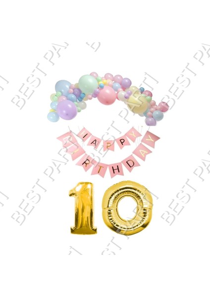 Rönesans Parti Happy Bırthday Yazılı Banner Makaron Balon Seti 10 Yaş Gold Set Doğum Günü