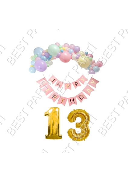 Happy Bırthday Yazılı Banner Makaron Balon Seti 13YAŞ Gold Set Doğum Günü